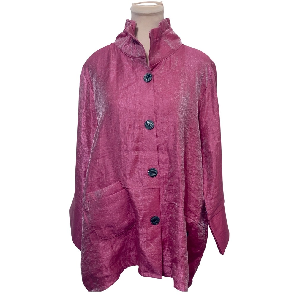 Damee Womens Jacket L Pink Shimmer Button Up High Neck Flared Cuff Lagenlook‎